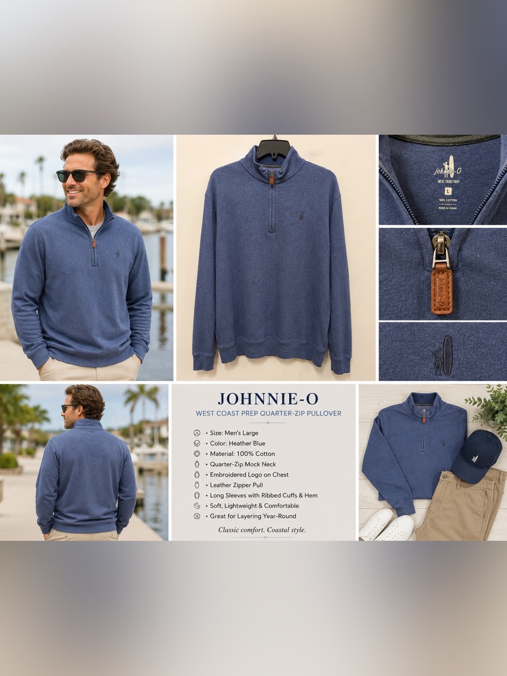 Johnnie-O West Coast Prep Men’s Large Blue Quarter Zip Pullover Sweater Cotton